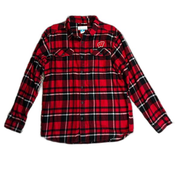 Columbia NWOT Wisconsin Badgers Red Black Plaid Flair Gun LS Flannel Shirt Sz L - Picture 3 of 14